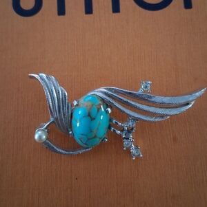Vintage Turquoise Pearl Rhinestone Brooch